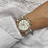 Michael Kors Parker Chronograph White Dial Two Tone Leather Strap Watch For Women - MK6950 Authentic Buy Shop Now