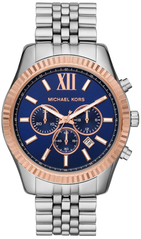 Michael Kors Lexington Chronograph Blue Dial Silver Steel Strap Watch For Men - MK8689 Authentic Buy Shop Now