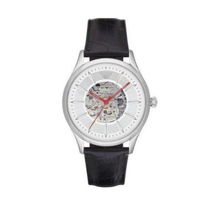Emporio Armani Meccanico Silver Skeleton Dial Black Leather Strap Watch For Men - AR2072 Authentic Buy Shop Now