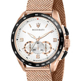 Maserati Traguardo 45mm Chronograph Rose Gold Mesh Strap White Dial Watch For Men - R8873612011 Authentic Buy Shop Now