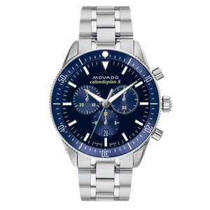 Movado Heritage Calendoplan Chronograph Blue Dial Silver Steel Strap Watch For Men - 3650124 Authentic Buy Shop Now