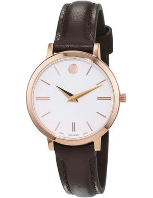 Movado Ultra Slim White Dial Brown Leather Strap Watch For Women - 0607096 Authentic Buy Shop Now