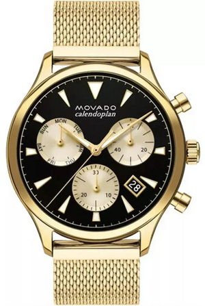 Movado Heritage Calendoplan Chronograph Black Dial Gold Mesh Strap Watch for Men - 3650098 Authentic Buy Shop Now