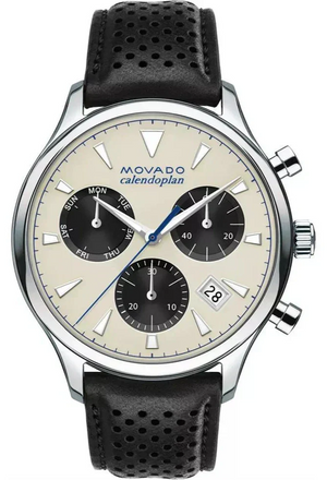 Movado Heritage Calendoplan Chronograph Silver Dial Black Leather Strap Watch for Men - 3650024 Authentic Buy Shop Now