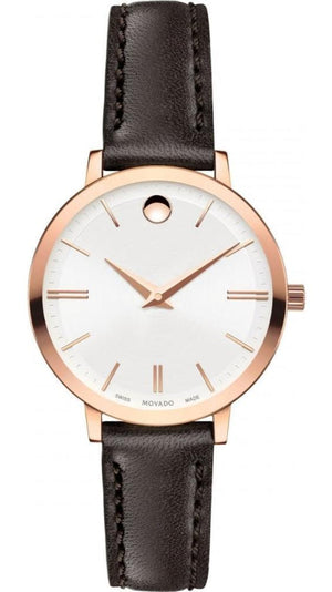 Movado Ultra Slim White Dial Brown Leather Strap Watch For Women - 0607096 Authentic Buy Shop Now