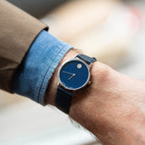 Movado Museum Classic Blue Dial Black Leather Strap Watch for Men - 0607197 Authentic Buy Shop Now