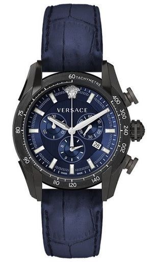 Versace V-Ray Chronograph Quartz Blue Dial Black Leather Strap Watch For Men - VEDB00418 Authentic Buy Shop Now