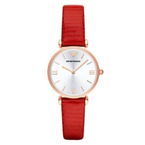 Emporio Armani Gianni T Bar Silver Dial Red Leather Strap Watch For Women - AR1876 Authentic Buy Shop Now