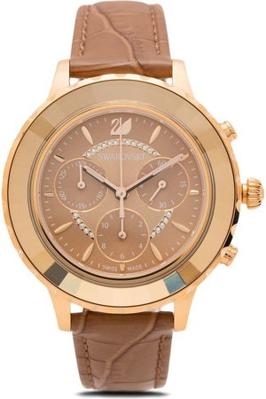 Swarovski Octea Lux Chrono Brown Gold Dial Brown Leather Strap Watch for Women - 5632260 Authentic Buy Shop Now