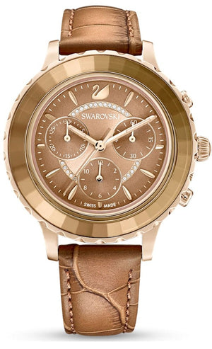 Swarovski Octea Lux Chrono Brown Gold Dial Brown Leather Strap Watch for Women - 5632260 Authentic Buy Shop Now