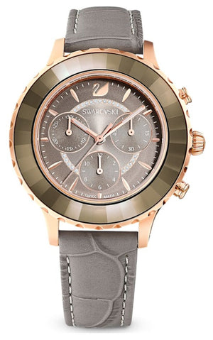 Swarovski Octea Lux Chrono Grey Dial Grey Leather Strap Watch for Women - 5452495 Authentic Buy Shop Now