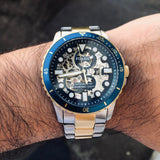 Fossil FB-01 Automatic Skeleton Blue Dial Two Tone Steel Strap Watch for Men - ME3191 Authentic Buy Shop Now