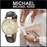 Michael Kors Sawyer Champagne Dial Black Leather Strap Watch for Women - MK2433 Authentic Buy Shop Now