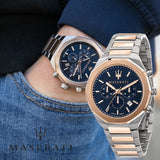 Maserati Stile Chronograph Blue Dial Rose Gold Two Tone Strap Watch For Men - R8873642002 Authentic Buy Shop Now