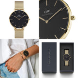 Daniel Wellington Petite Evergold Black Dial Gold Mesh Strap Watch For Women - DW00100345 Authentic Buy Shop Now