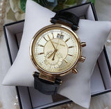 Michael Kors Sawyer Champagne Dial Black Leather Strap Watch for Women - MK2433 Authentic Buy Shop Now