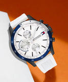 Tommy Hilfiger Bank Chronograph White Dial White Rubber Strap Watch for Men - 1791723 Authentic Buy Shop Now