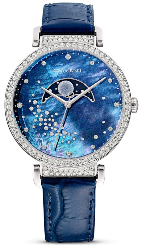 Swarovski Passage Moon Phase Blue Dial Blue Leather Strap Watch for Women - 5613320 Authentic Buy Shop Now