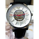 Emporio Armani Meccanico Silver Skeleton Dial Black Leather Strap Watch For Men - AR2072 Authentic Buy Shop Now
