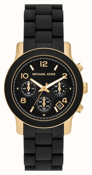 Michael Kors Runway Chronograph Black Dial Black Silicone Strap Watch For Women - MK7385 Authentic Buy Shop Now