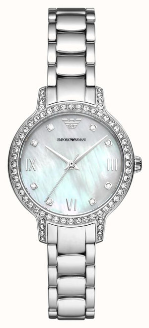Emporio Armani Cleo Crystals Mother Of Pearl Dial Silver Steel Strap Watch For Women - AR11484 Authentic Buy Shop Now