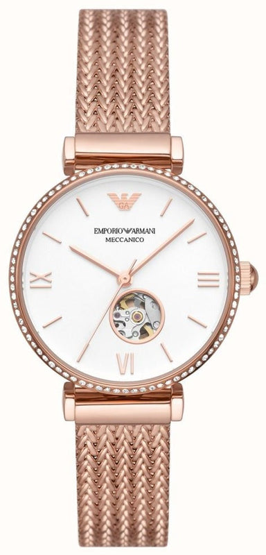 Emporio Armani Meccanico Automatic White Dial Rose Gold Mesh Strap Watch For Women - AR60063 Authentic Buy Shop Now