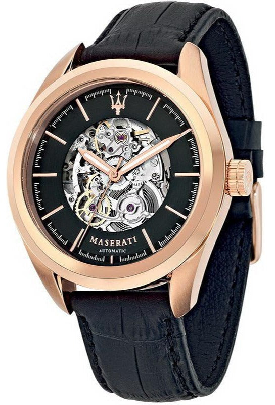 Maserati Traguardo Automatic Black Skeleton Dial Black Leather Strap Watch For Men - R8821112001 Authentic Buy Shop Now