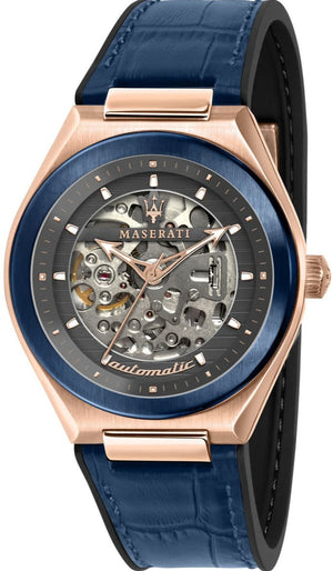 Maserati Triconic Skeleton Black Dial Blue Leather Strap Watch For Men - R8821139001 Authentic Buy Shop Now