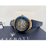 Maserati Triconic Skeleton Black Dial Blue Leather Strap Watch For Men - R8821139001 Authentic Buy Shop Now