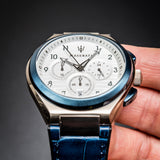 Maserati Triconic Chronograph White Dial Blue Leather Strap Watch For Men - R8871639001 Authentic Buy Shop Now