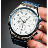 Maserati Triconic Chronograph White Dial Blue Leather Strap Watch For Men - R8871639001 Authentic Buy Shop Now