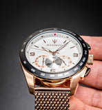 Maserati Traguardo 45mm Chronograph Rose Gold Mesh Strap White Dial Watch For Men - R8873612011 Authentic Buy Shop Now