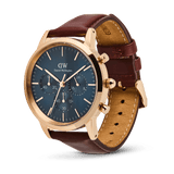Daniel Wellington Iconic Chronograph Blue Dial Brown Leather Strap Watch For Men - DW00100639 Authentic Buy Shop Now