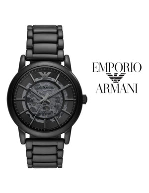 Emporio Armani Meccanico Skeleton Black Dial Black Steel Strap Watch For Men - AR60045 Authentic Buy Shop Now
