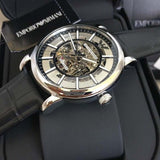Emporio Armani Luigi Silver Skeleton Dial Black Leather Strap Watch For Men - AR1981 Authentic Buy Shop Now