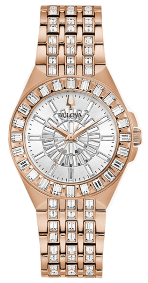 Bulova Phantom White Dial with Swarovski Baguettes Rose Gold Steel Strap Watch for Women - 98L268 Authentic Buy Shop Now
