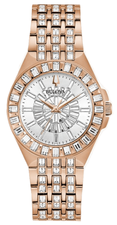 Bulova Phantom White Dial with Swarovski Baguettes Rose Gold Steel Strap Watch for Women - 98L268 Authentic Buy Shop Now