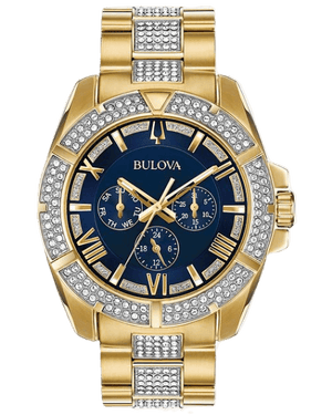 Bulova Crystal Collection Blue Dial Gold Steel Strap Watch for Men - 98C128 Authentic Buy Shop Now