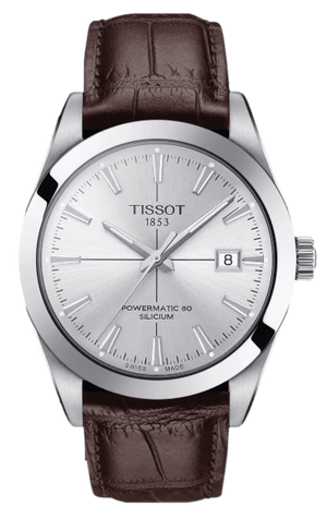 Tissot Gentleman Powermatic 80 Silicium Silver Dial Brown Leather Strap Watch For Men - T127.407.16.031.01 Authentic Buy Shop Now