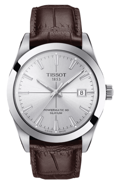 Tissot Gentleman Powermatic 80 Silicium Silver Dial Brown Leather Strap Watch For Men - T127.407.16.031.01 Authentic Buy Shop Now