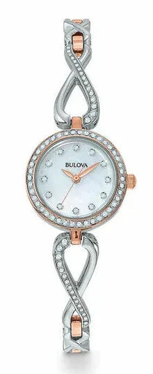 Bulova Crystals Mother of Pearl Dial Two Tone Steel Strap Watch for Women - 98X108 Authentic Buy Shop Now