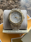 Michael Kors Lennox Three Hand Crystals White Dial Gold Steel Strap Watch For Women - MK6991 Authentic Buy Shop Now
