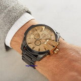 Diesel Mega Chief Chronograph Gold Dial Black Steel Strap Watch For Men - DZ4485 Authentic Buy Shop Now