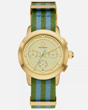 Tory Burch The Tory Chronograph White Dial Two Tone NATO Strap Watch for Women - TBW1037 Authentic Buy Shop Now