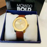 Movado Bold Gold Dial Brown Leather Strap Watch for Women - 3600437 Authentic Buy Shop Now