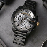 Diesel Mega Chief Chronograph Grey Dial Black Steel Strap Watch For Men - DZ4479 Authentic Buy Shop Now