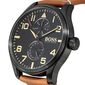 Hugo Boss Aeroliner Maxx Chronograph Black Dial Brown Leather Strap Watch For Men - HB1513082 Authentic Buy Shop Now