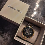 Michael Kors Bayville Chronograph Black Dial Two Tone Steel Strap Watch For Women - MK8872 Authentic Buy Shop Now