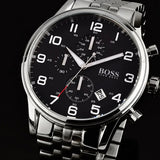 Hugo Boss Aeroliner Chronograph Black Dial Silver Steel Strap Watch For Men - 1512446 Authentic Buy Shop Now