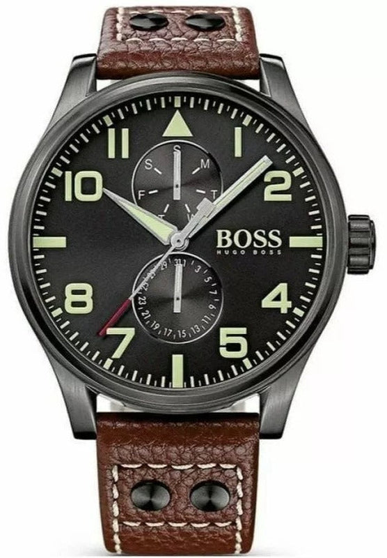 Hugo Boss Aeroliner Day Date Black Dial Brown Leather Strap Watch For Men - HB1513079 Authentic Buy Shop Now